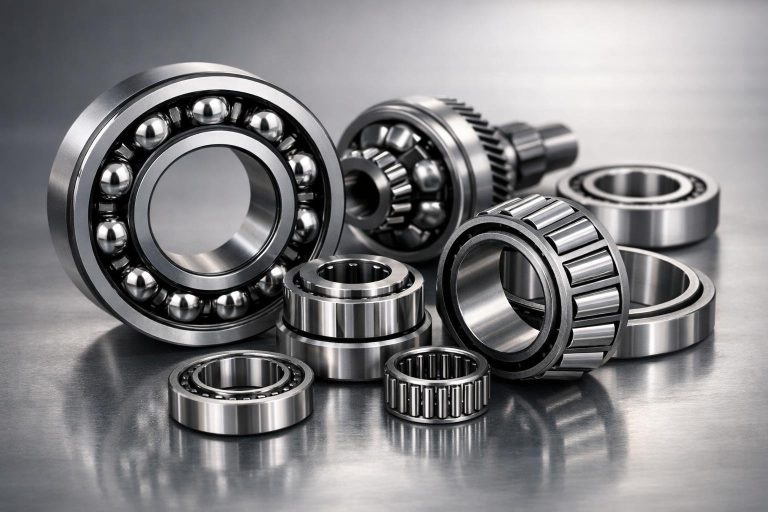 Close-up of various metallic bearings used in power transmission components arranged on a smooth surface.