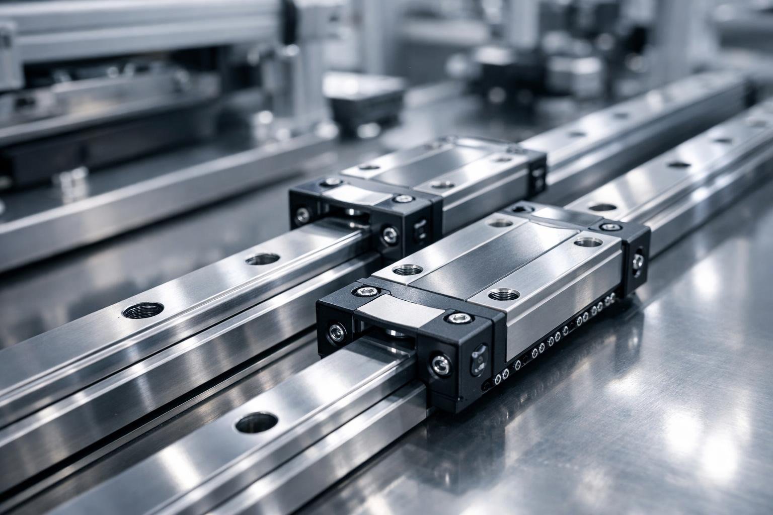 Close-up view of metallic linear bearings and rails in an industrial setting with machinery in the background.