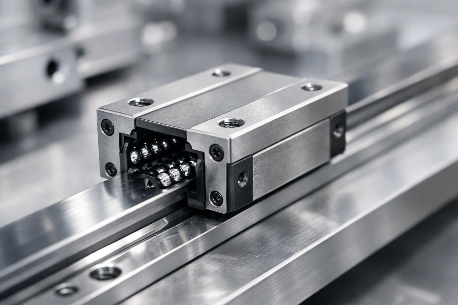 Close-up of a linear bearing mounted on a metal rail with visible ball bearings inside, set against a blurred industrial background.