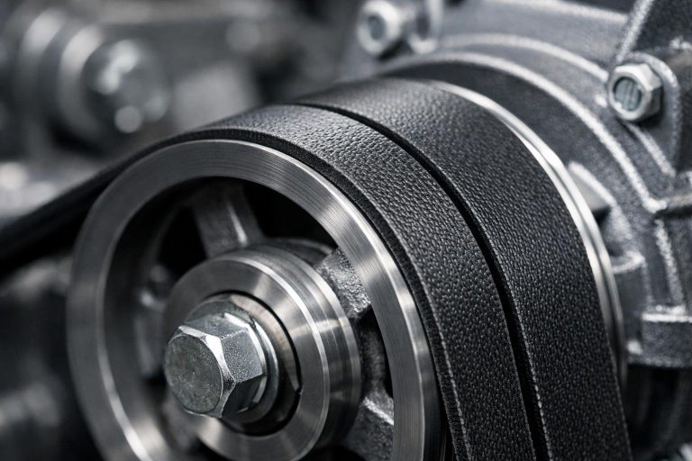 Close-up of a V belt wrapped around a pulley in an industrial machine.