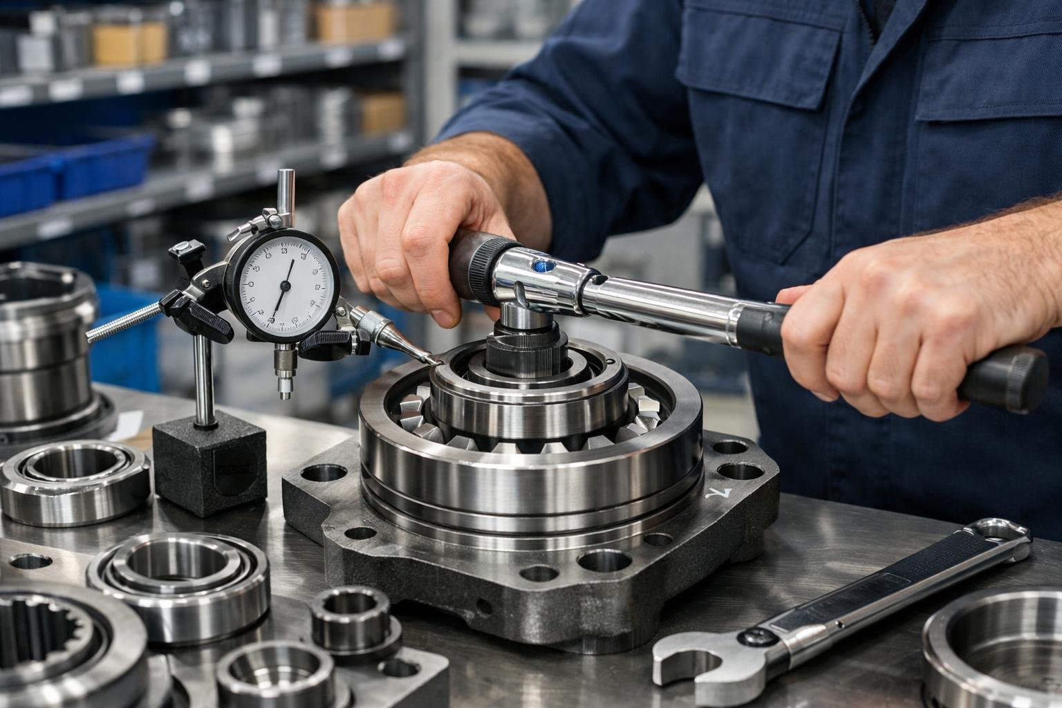 Technician installing and aligning industrial bearings using specialised tools in a clean workshop.