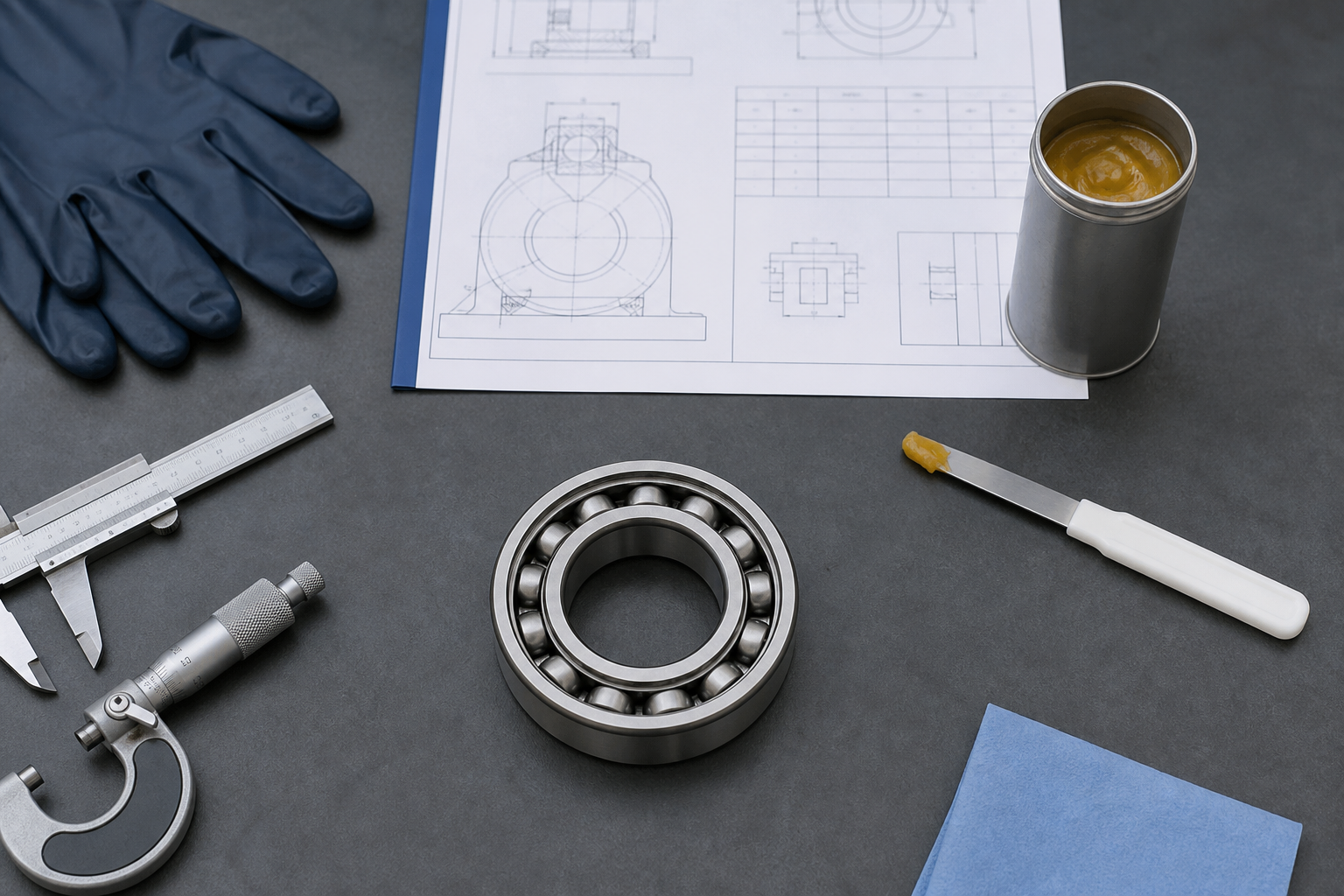 Open bearing, measuring tools and grease ready for specification checking