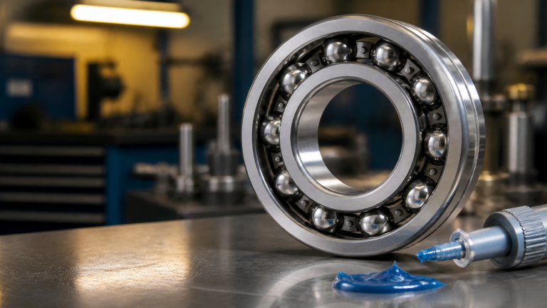 Best grease for bearings beside an open ball bearing on an engineering workbench