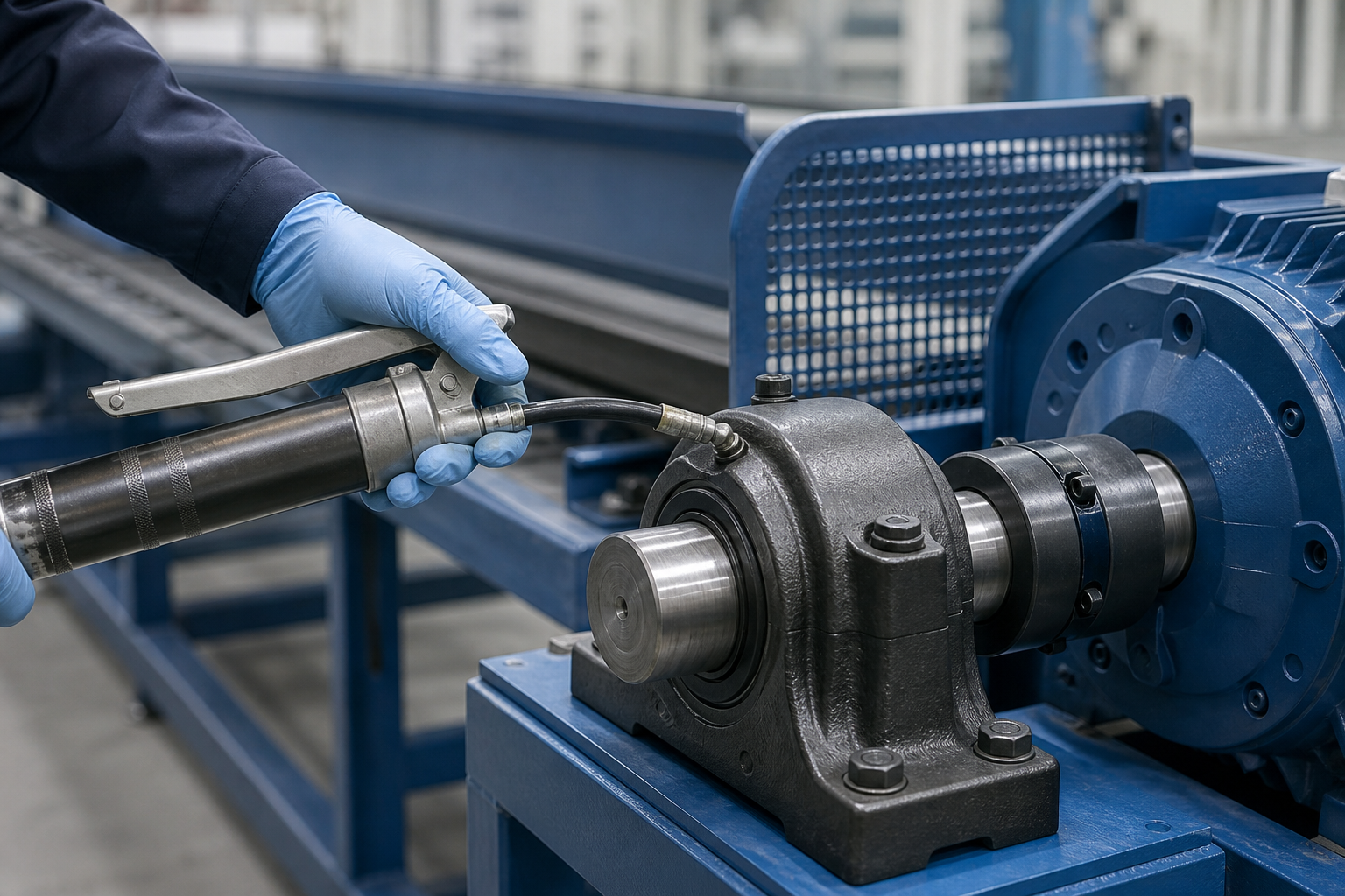 Grease gun connected to an industrial housed bearing during planned relubrication